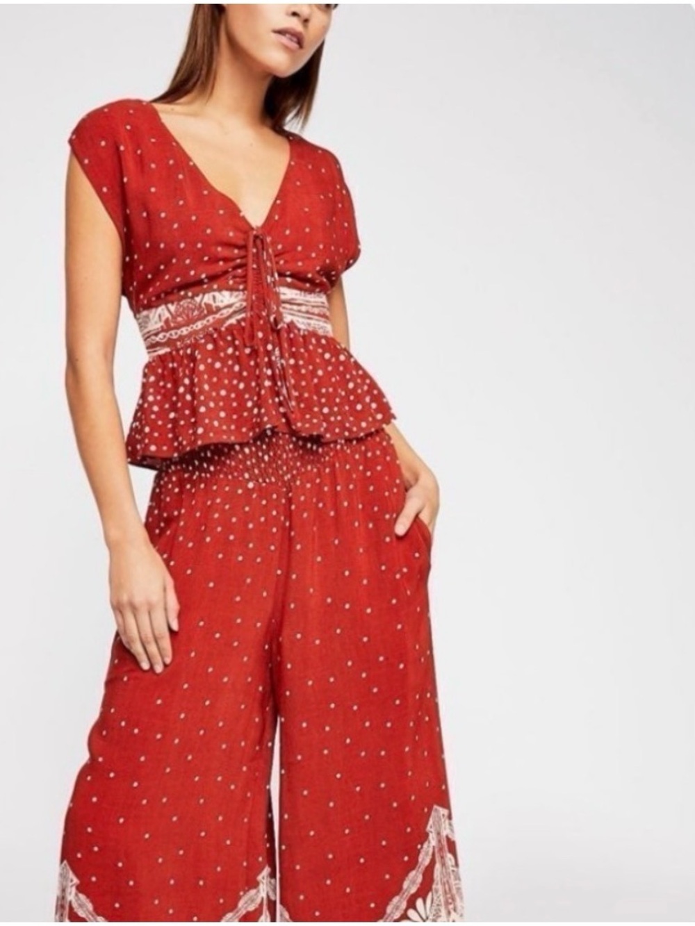 Free People Babylon River Polka Dot Bohemian Shirt in Rust Red Size XSmall